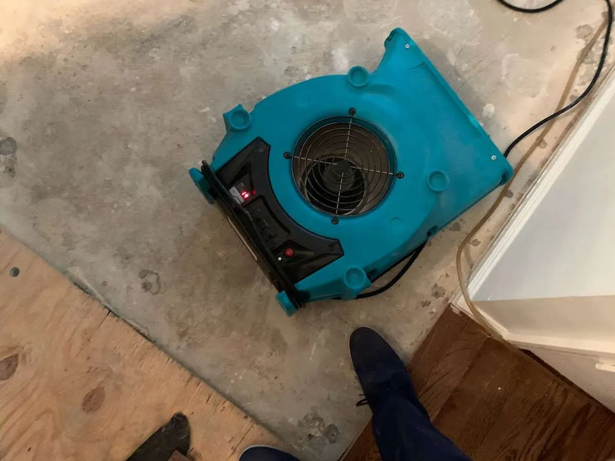 Air mover drying subfloor during Leak Detection & Repair in Oak Hill